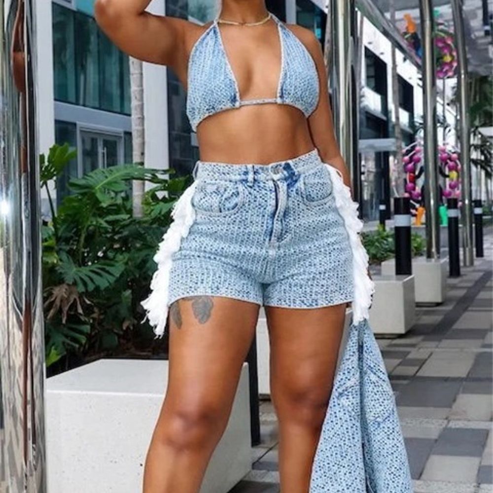 Women Denim 3-Piece Lace-Up Set with Turn-Down Collar Crop Top