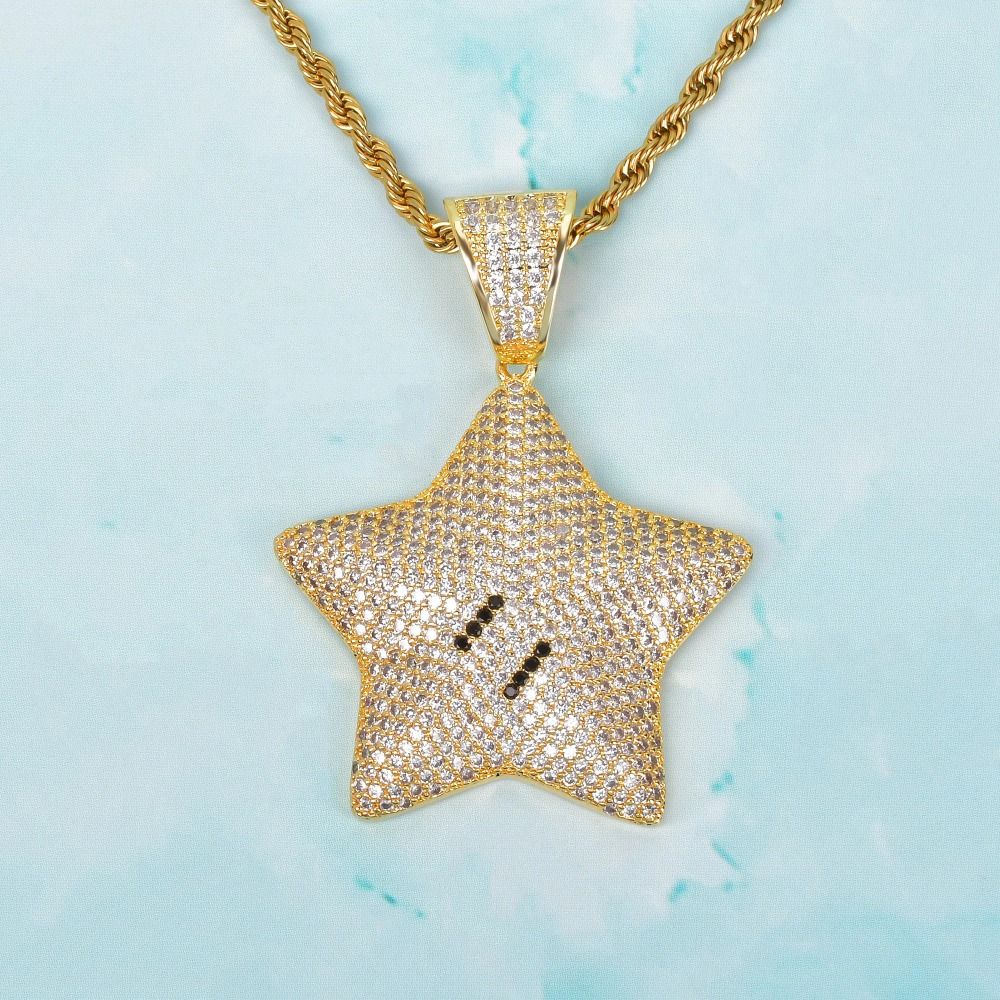 Gold Cubic Zircon Star Pendant Necklace Charms for Men's Hip Hop Cartoon Jewelry