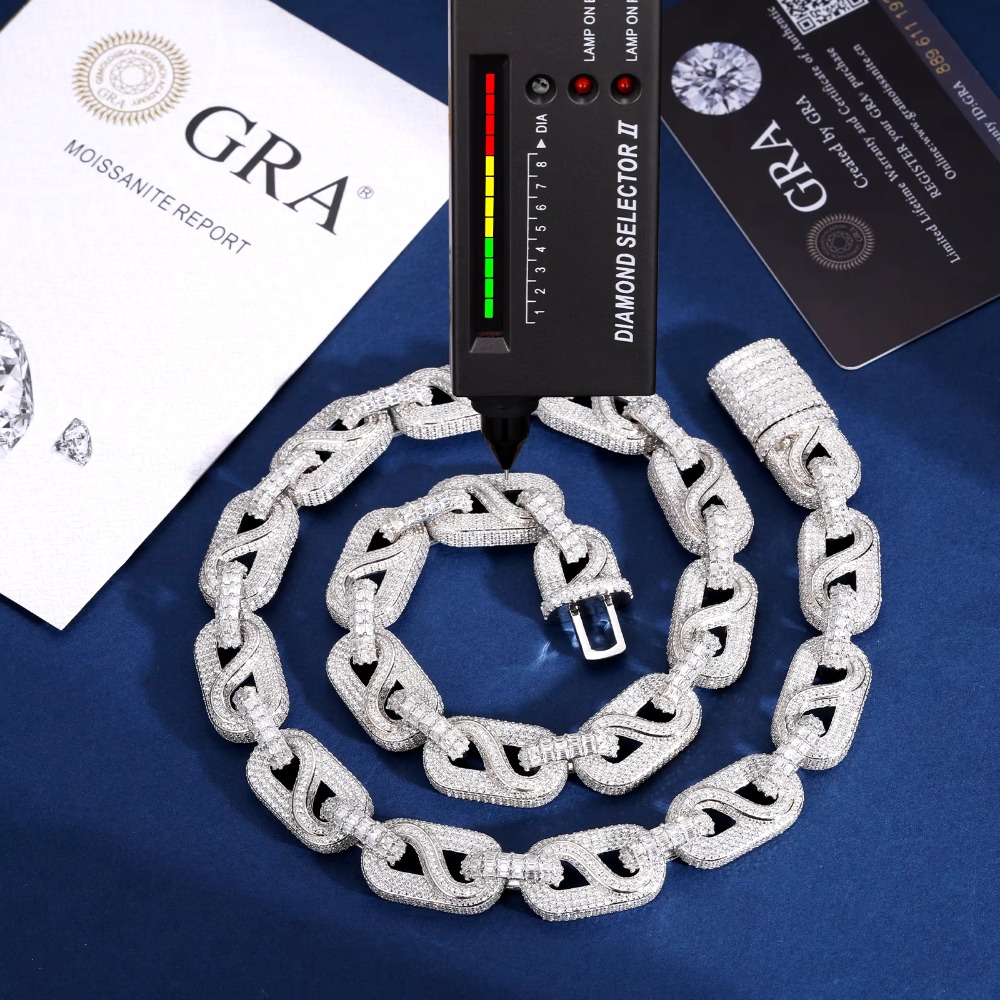 14mm 925 Sterling Silver Baguette Moissanite Necklace Iced Out Bussdown Cuban Link Chain